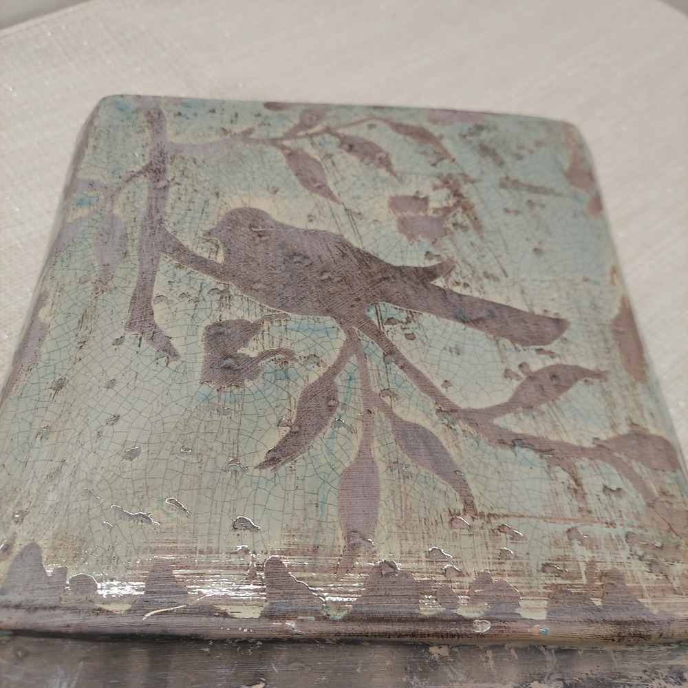 Uttermost Bird on Branch Ceramic Vase Rectangular Teal Brown Crackle Glaze 10in‎ - Picture 2 of 9
